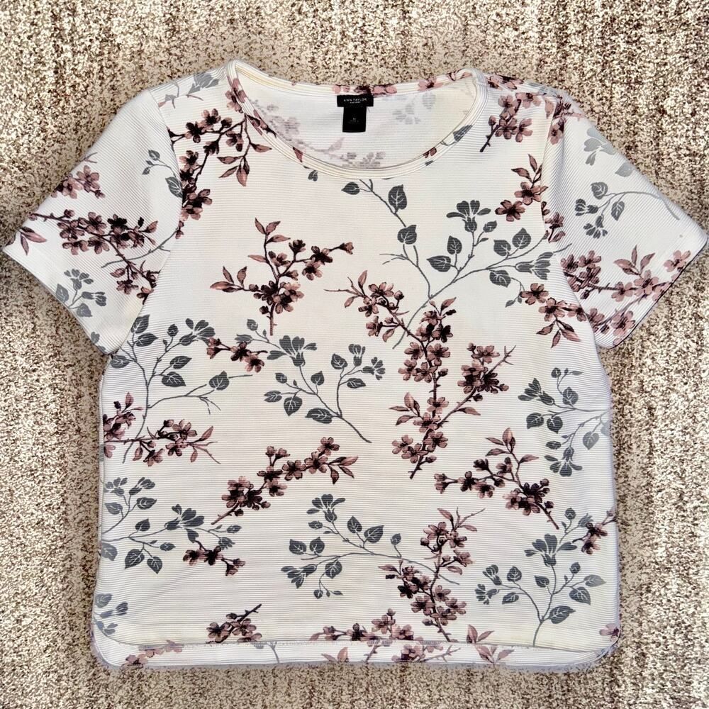 Ann Taylor Women's Short Sleeve Floral Print Blouse Top Ribbed White Size XL